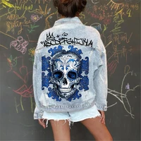 2021 street fashion casual skull print big picture light blue denim jacket women wash jacket womens spot