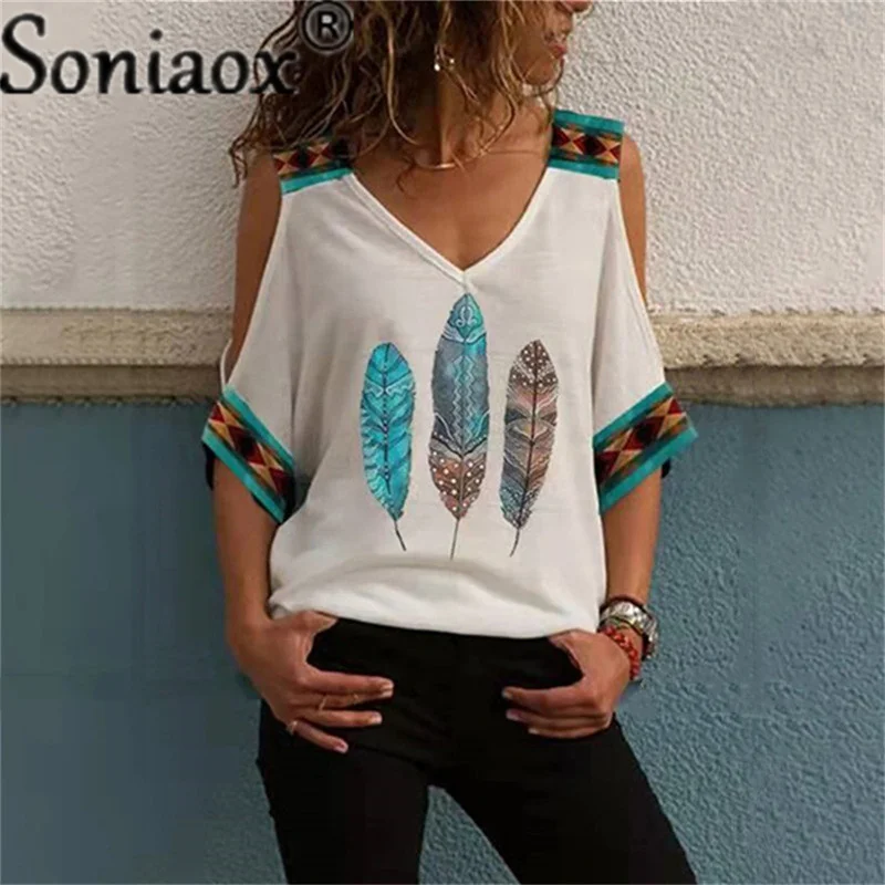 Летняя женская модная Винтажная футболка с V-образным вырезом и этническим