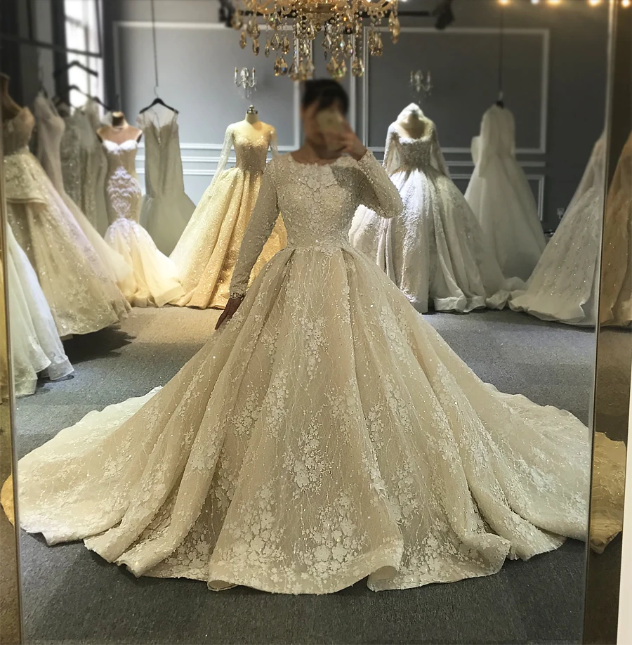 Robe de soiree свадебное роскошное с длинными рукавами Сверкающее мусульманское свадебное платье
