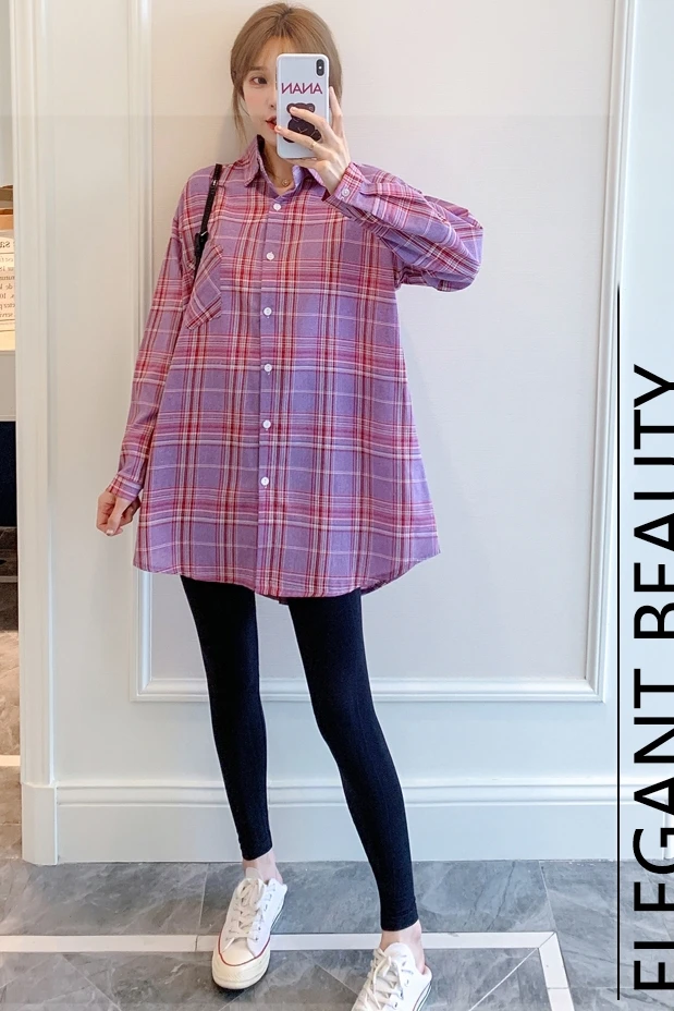 

0820# 2021 Spring New Plaid Cotton Maternity Blouses Sweet Long Sleeve Loose Shirt Clothes for Pregnant Women Pregnancy Tops