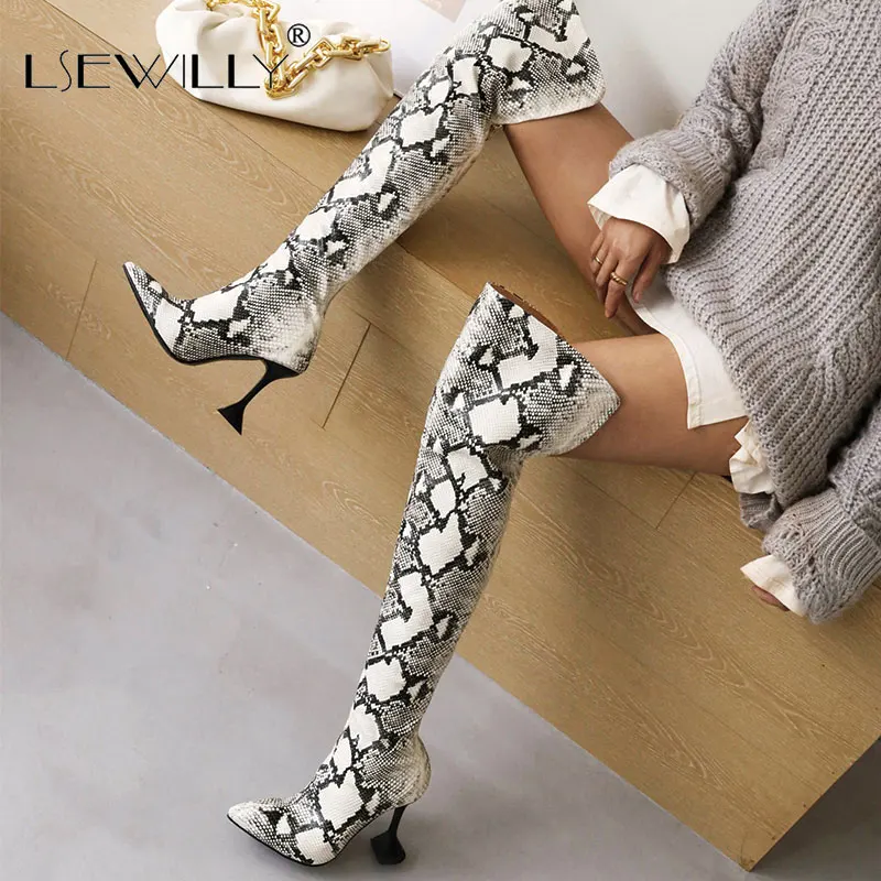 

Lsewilly 2021 Women Over the Knee Boots Sexy Thin High Heel Pointed Toe Thigh Boots Faux Leather Snake Print Women's Boots