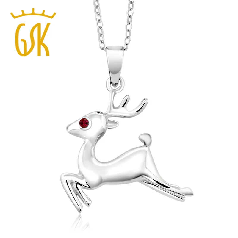 GemStoneKing Girl's 925 Sterling Silver Reindeer Pendant Round Red Created Ruby Necklace Animal Jewelry Christmas Gift|silver clubwear|pendant