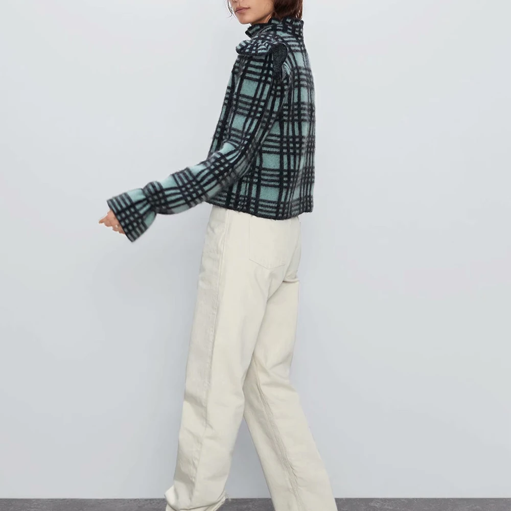 ZA новый женский черный зеленый плед водолазка тянет тонкий мохер мягкий удобный