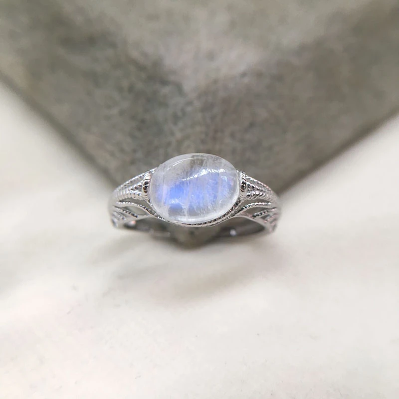 Женское кольцо с натуральным лунным камнем из стерлингового серебра 925 пробы 7x9