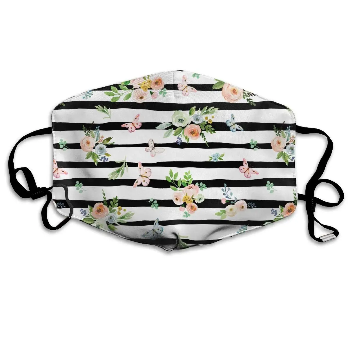 

Spring Time Bunny Florals Black White Stripes Washable Reusable Mask, Cotton Anti Dust Half Face Mouth Mask For Kids Teens Men