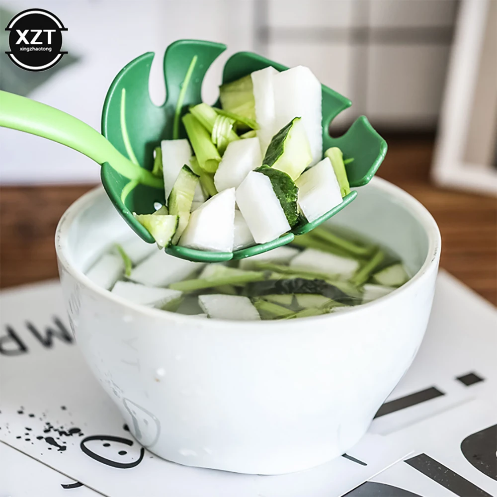 

1Pcs Green Leaf Type Colander Multifunctional Long-Handled Spaghetti Slotted Serving Spoon Salad Slotted Spoon For Home Kitchen