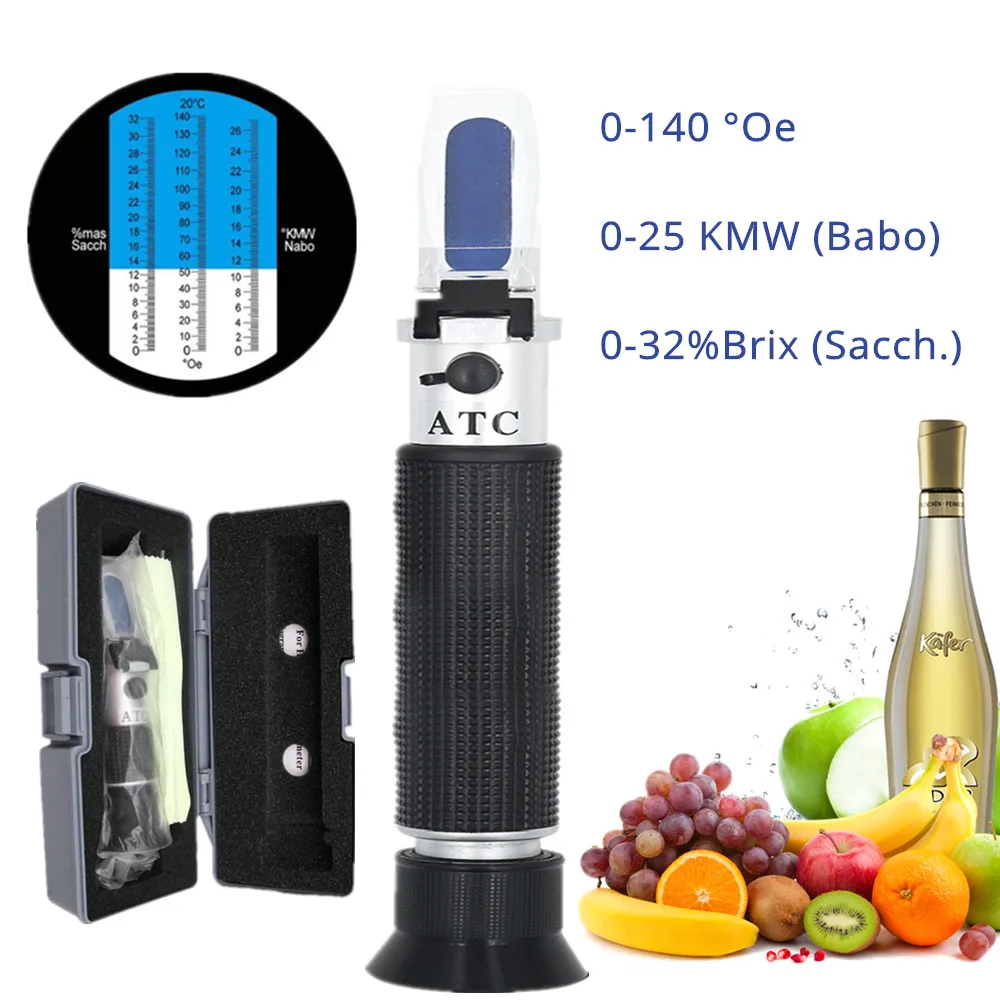 

Ручной рефрактометр, с функцией определения содержания сахара вино 0 - 140 ° OE вино сок сахар Concent Meter Tester Фруктовый Сахар 0-32% Brix