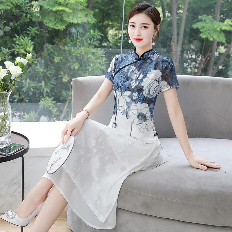 Женское платье в китайском стиле длинное летнее с коротким рукавом улучшенное