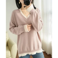 autumn and winter new style v neck stitching top women 100 pure wool pullover simple anti pilling long sleeve versatile sweater
