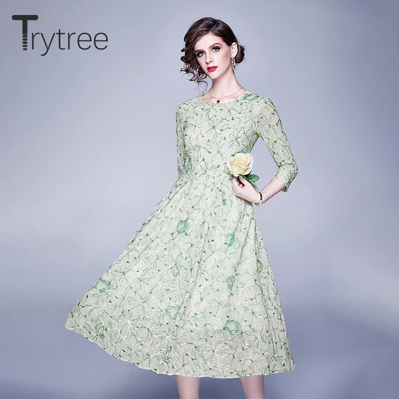 Весеннее женское платье Trytree 2021 повседневное ТРАПЕЦИЕВИДНОЕ ПЛАТЬЕ с круглым