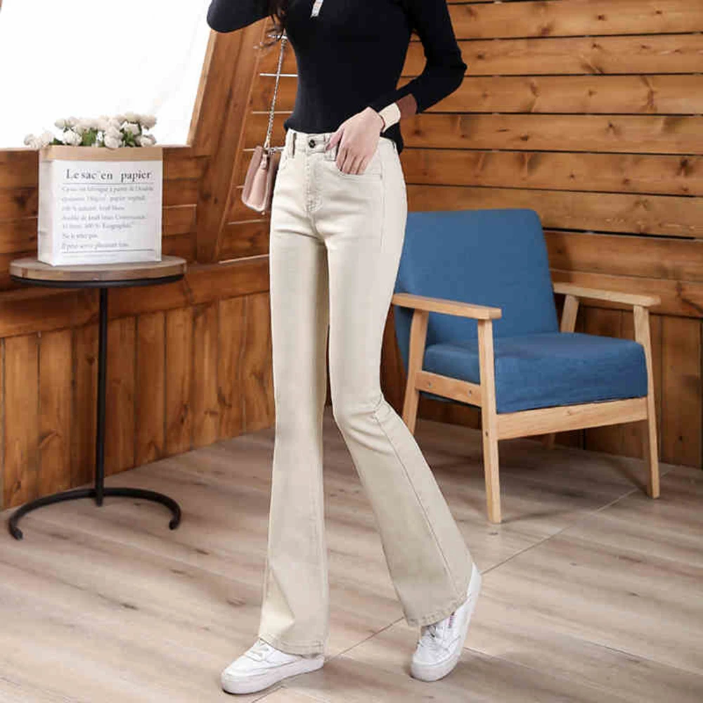 Женские Эластичные Обтягивающие джинсы-клеш в Корейском стиле бежевого цвета и