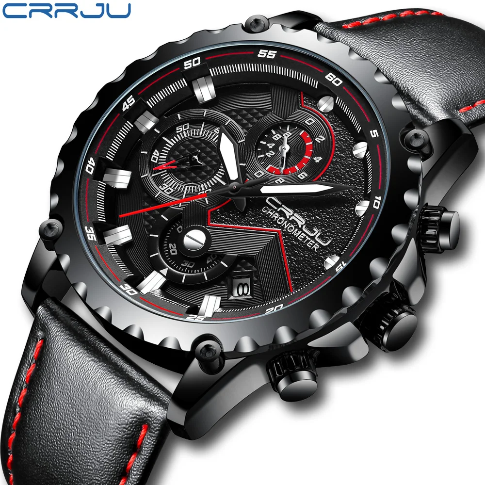 

CRRJU Luxury Brand Leather Chronograph Automatic Date Male Sport Quartz Watches Mens Waterproof Clock Relogio Masculino