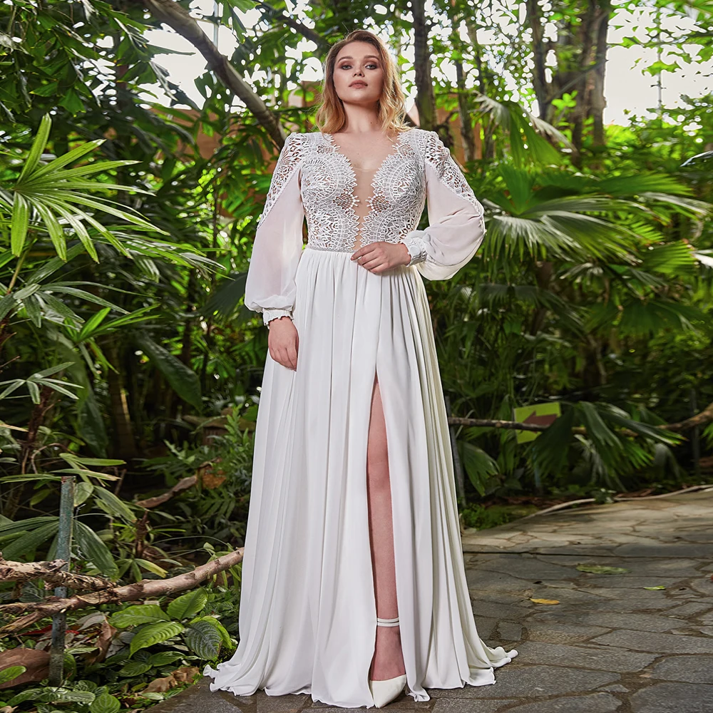 

New Arrival 2021 Wedding Dress Plus Size Puff Sleeves Bohemian Lace Appliques A Line Beach Bridal Gown with Slit