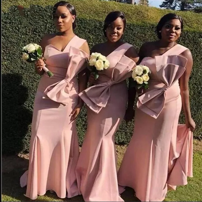 

Dusty Pink Bridesmaid Dresses Mermaid Big Bow Wedding Guest Dress vestido madrinha Long Elegant Bridesmaid Dress Train