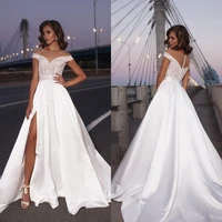 2021 wedding dresses off shoulder lace applique high split satin bridal gowns custom made open back sweep train wedding dress