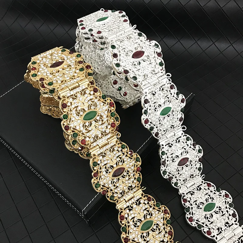 Elegant Moroccan Caftan Belt for Women Wedding Dress Jewelry Hollow Metal Buckle Link Chain Full Color Crystal Bride Gift