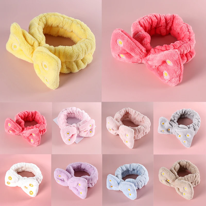

Daisies Flower Coral Fleece Wash Face Bow Hairbands For Girls Elastic Soft Turban Headbands Elegant Women Hair Accessories New