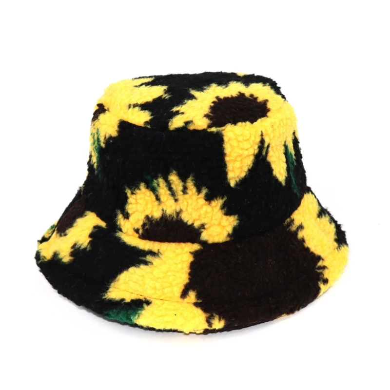 

Lamb Wool Winter Fall Bucket Hat for Women Sunflower Hat Black Yellow Warm Fisherman Cap Fit for Home Trend Casual Caps