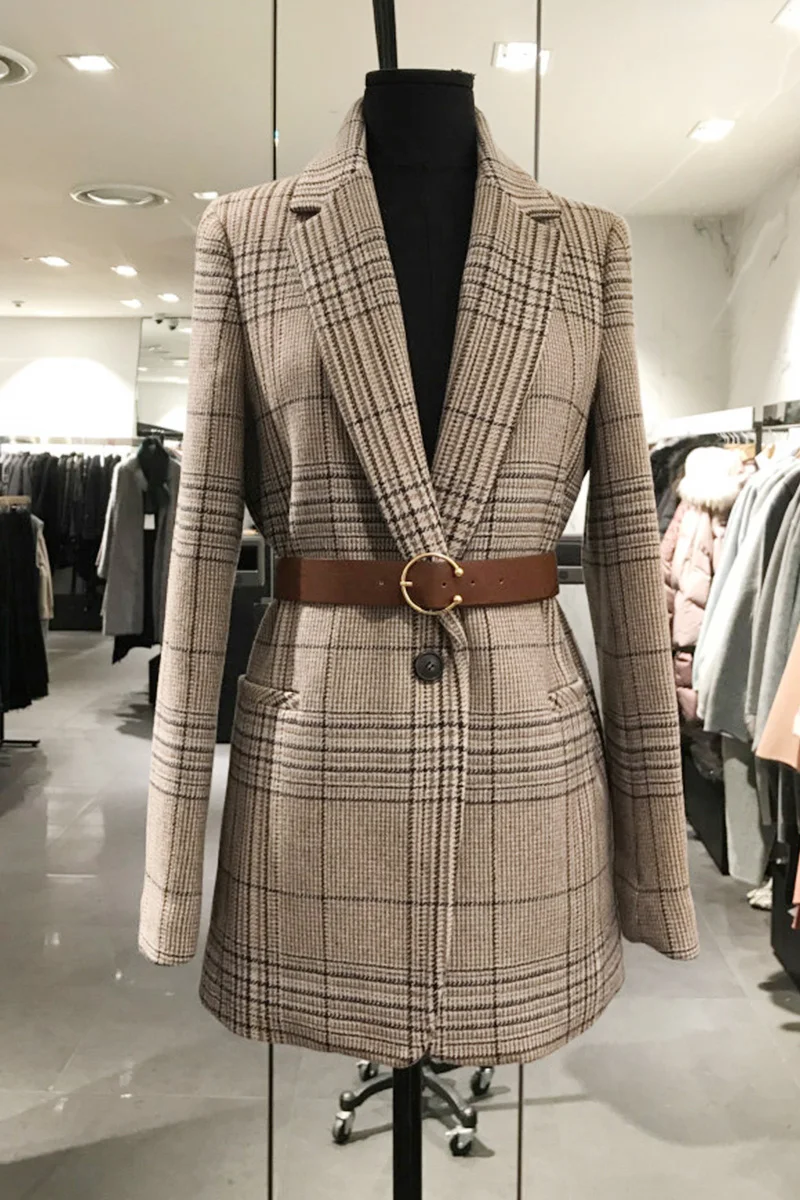 Новинка 2020 корейский весенне осенний клетчатый блейзер с поясом винтажный