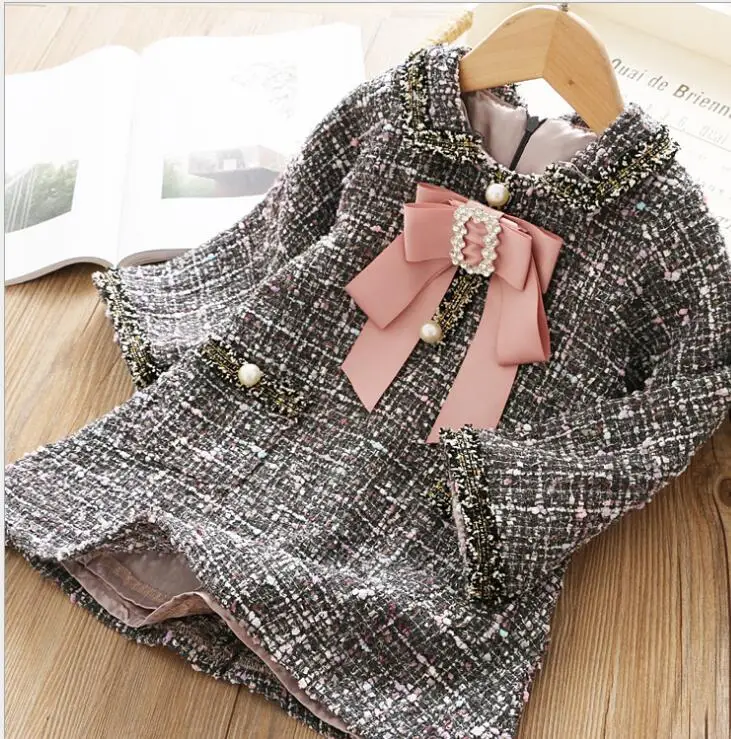 Платья для маленьких девочек клетчатые платья с длинным рукавом и бантом