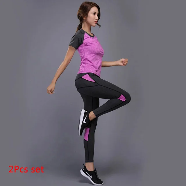 Purple 2 Pcs Set Комплект для йоги OLOEY из 2 предметов, одежда для спортзала, фитнеса, теннисная рубашка+ штаны для бега, облегающие Леггинсы для йоги и тренировок, спортивная одежда для женщин - Цвет: Purple 2 Pcs Set