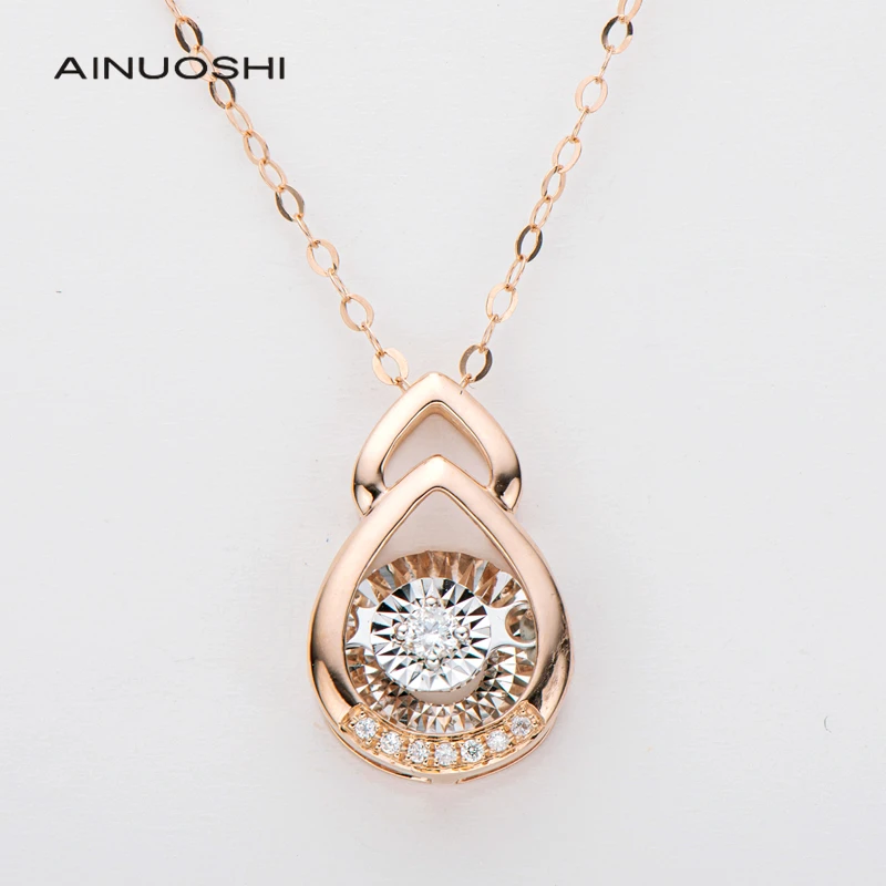 

AINUOSHI 18K Rose Gold 0.05ct Real Diamond Fashion Pearl Shaped Dancing Pendant Necklace For Women Charm Unique Jewelry 18''