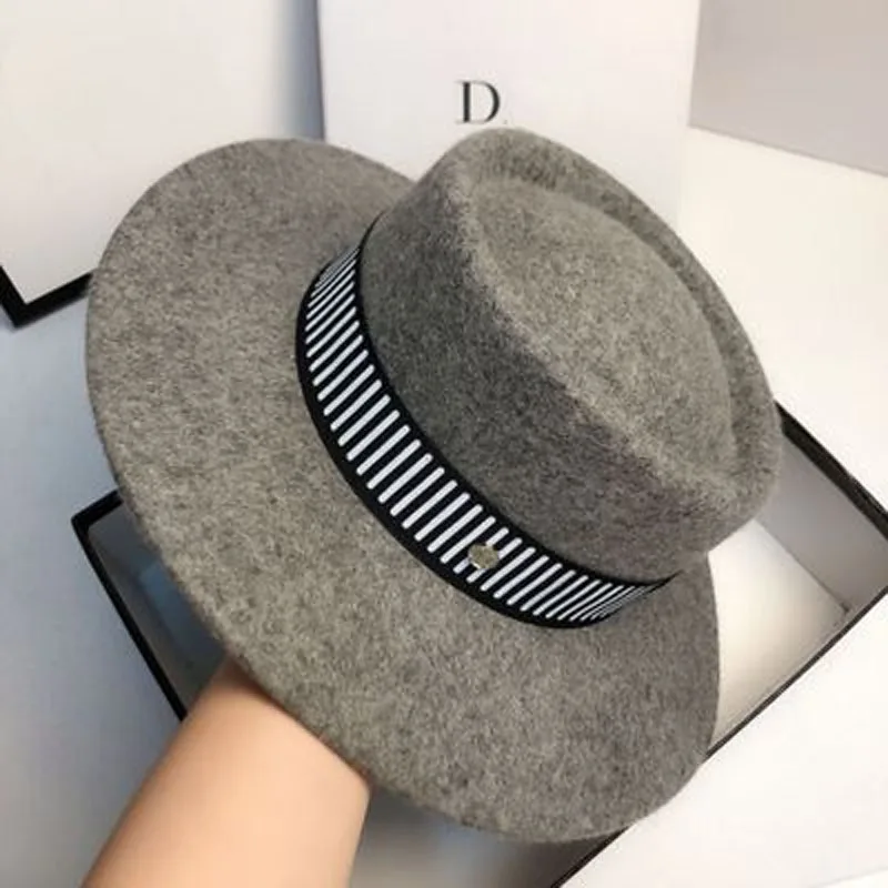 Fashion simple wool% concave top hat, black and white striped sun hat.