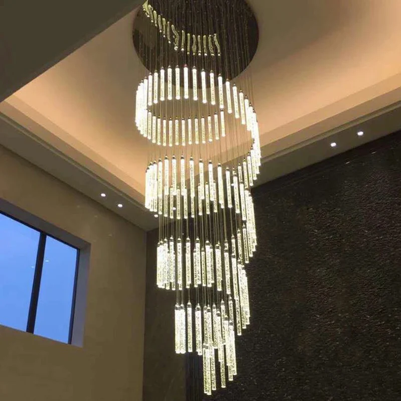 melhor Luz Do Candelabro Para A Entrada De Teto Alto Escadas Pendurado Espiral Longo Lâmpadas Escada Cristal Lustre Iluminação Interior Ferro Ac