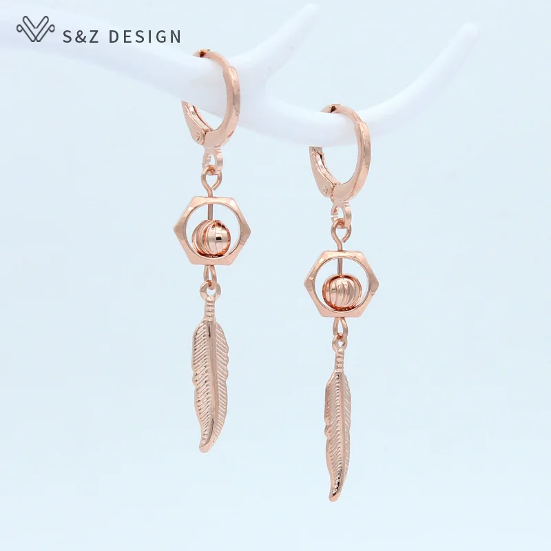Серьги подвески S & Z из розового золота 585 пробы с перьями японские южнокорейские
