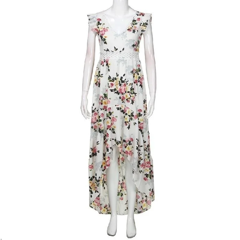 

Women Boho Backless Irregular Floral Printed Dress Summer Deep V Trim Long Lace Maxi Dresses Open Back Party Vestidos