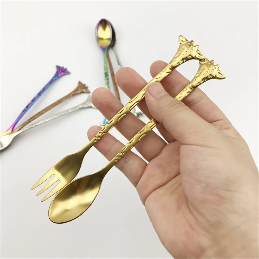 Chic 304 Stainless Steel Fork Spoon Gold Silver Giraffe Pattern Coffee Cake Dessert Ice Cream Forks Spoons Personalise Tableware | Дом и сад