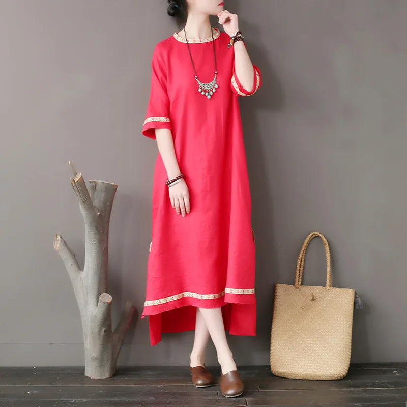 Оригинальное женское платье в национальном стиле льняное с отстрочкой и