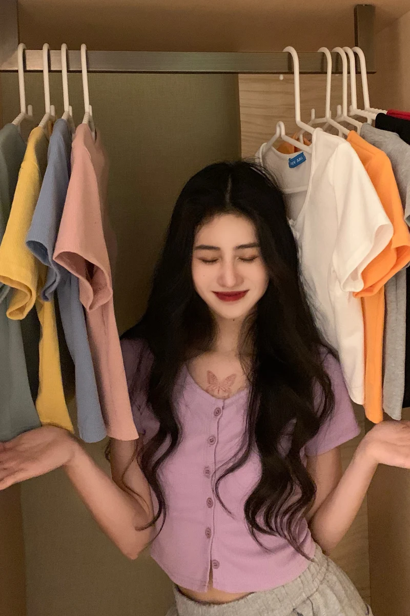 

Solid Color Short Bm Wind Single-breasted Cardigan Short-sleeved T-shirt All-match Slim Top