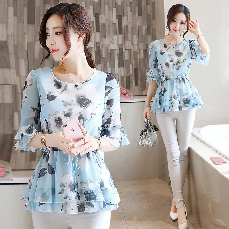 Женская шифоновая блузка с цветочным принтом и круглым вырезом|Рубашки| |