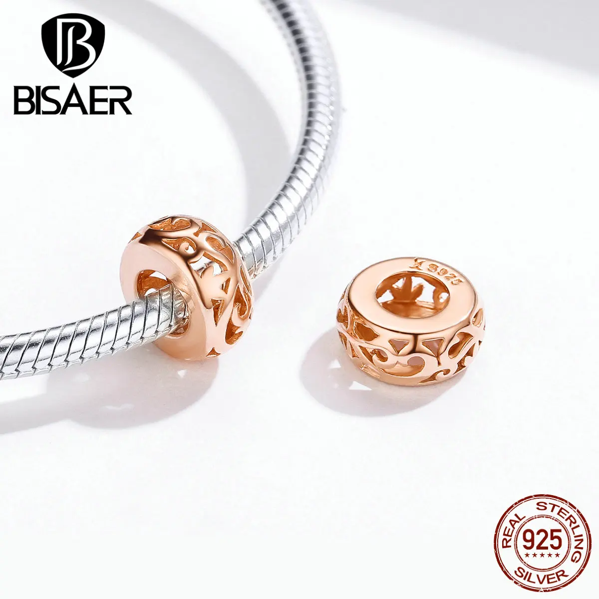 BISAER, Настоящее серебро 925 пробы, цветы, выгравированные, разделительные бусины, Подвески, подходят для шармов, браслеты из серебра 925, ювелирные изделия ECC716