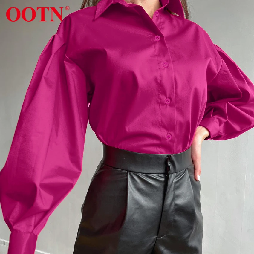 

Женская офисная блузка с отворотом OOTN Y2k, осенняя блузка с рукавами-фонариками розового и красного цвета, свободный женский топ с пуговицами...