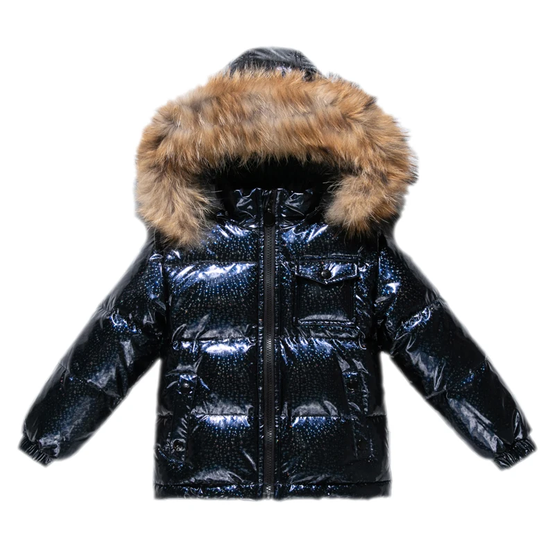 New Children's Shiny Waterproof Down Jacket Natural Raccoon Dog Fur Collar - 30 Degree Ski Suit 1-16Y