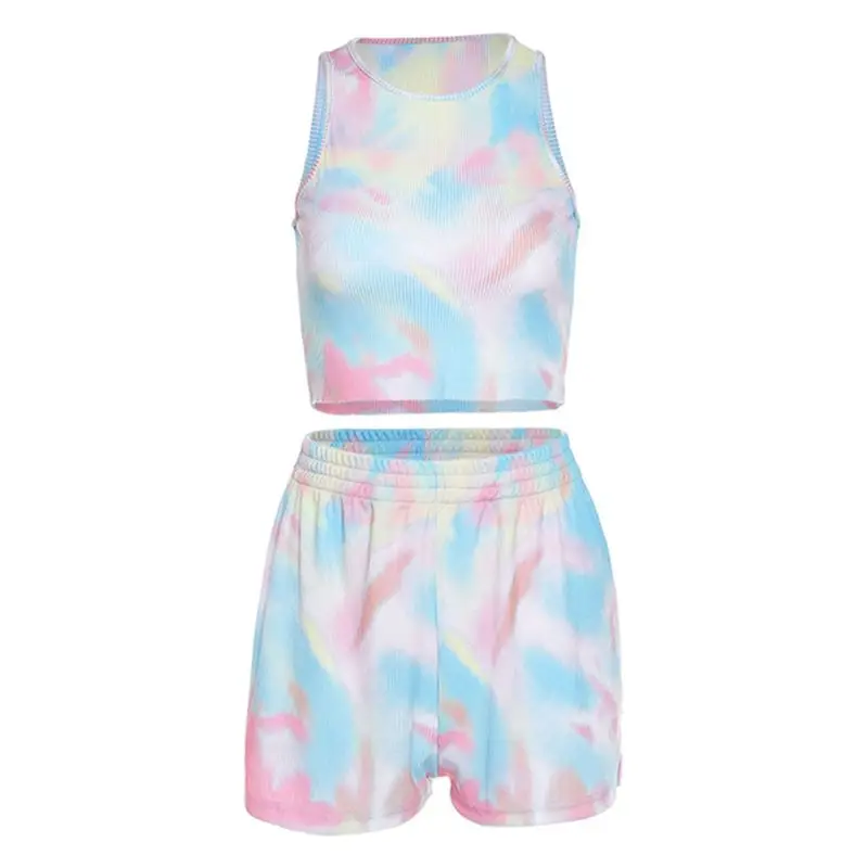 

Women Tie-Dye Print Tracksuit Cropped Tank Top High Waist Split Shorts Outfits 6XDA