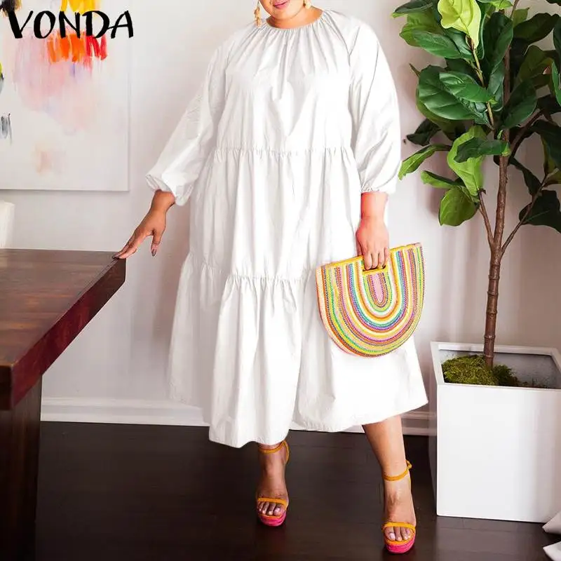 

Женское винтажное длинное платье VONDA, повседневное свободное однотонное платье большого размера с рукавом 2021, весна-лето 3/4