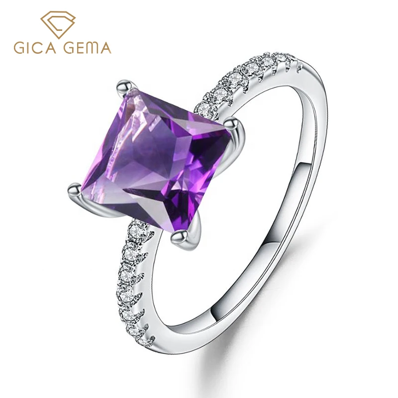 

GICA GEMA 925 Sterling Silver Rings For Women Purple Square Natural Amethyst Gemstone Wedding Engagement Lady Fine Jewelry