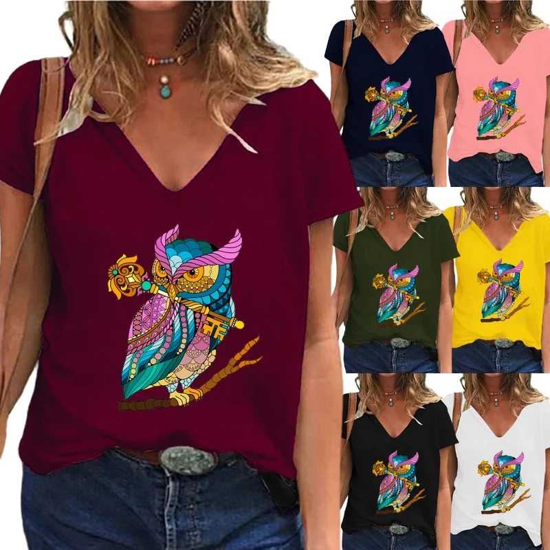 

Футболка женская с принтом совы, Модный повседневный Свободный пуловер с коротким рукавом и V-образным вырезом, рубашка, лето