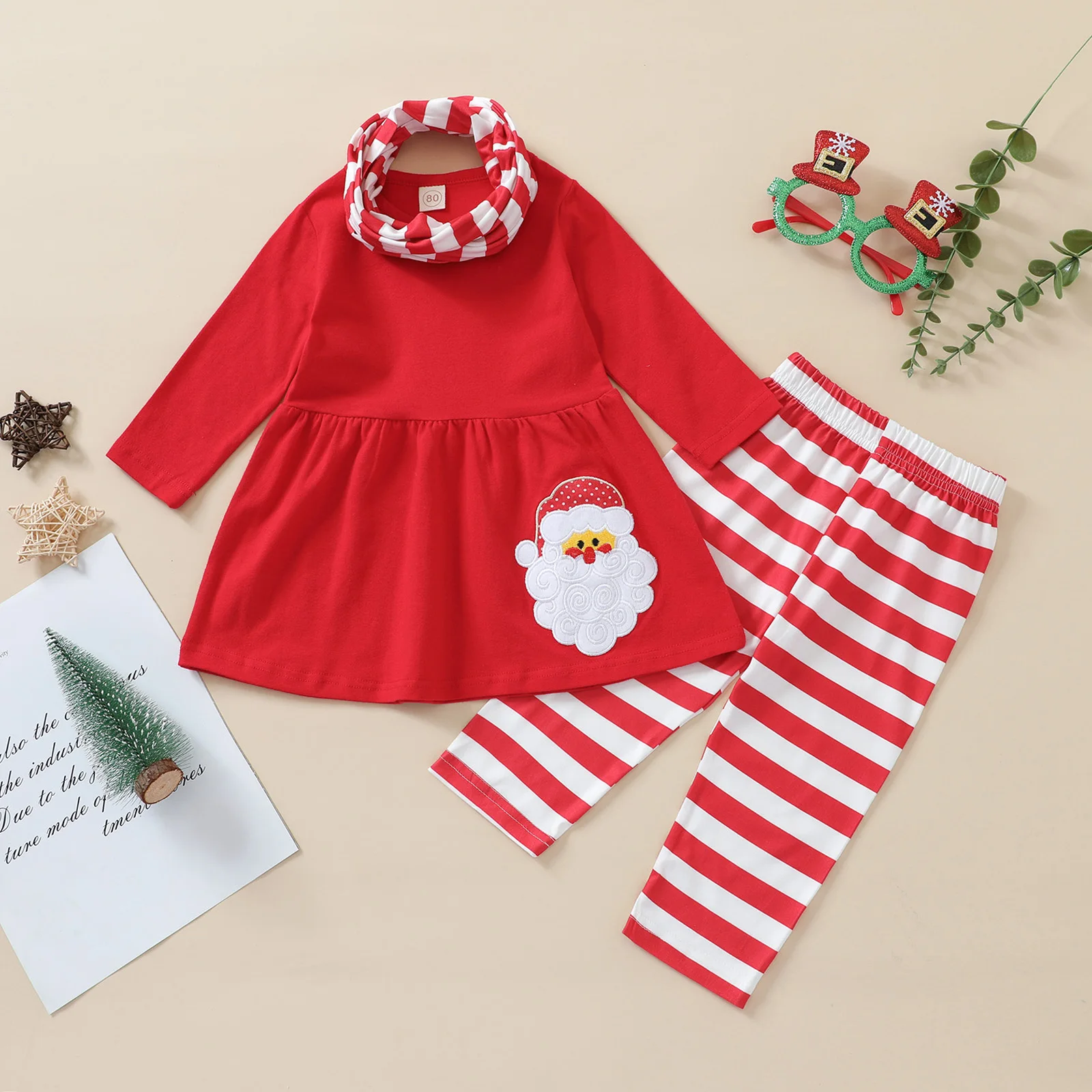 

3Pcs Little Girls Outfit, Santa Claus Embroidery Long Sleeve Round Collar Wide Hem Tops + Striped Trousers + Scarf Set