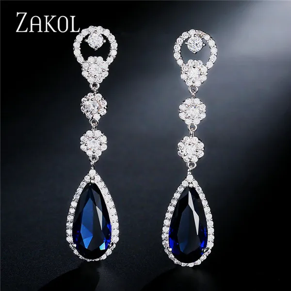 Blue ZAKOL модные длинные висячие серьги-капли с кубическим цирконием, свадебные украшения для элегантных женщин FSEP311 - Окраска металла: Blue