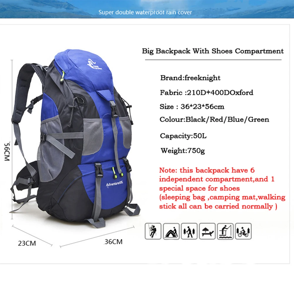 

50L Hiking Backpack Climbing Bag Outdoor Rucksack Camping Trekking Waterproof Sports Bag Backpacks Bag Climbing Travel Rucksack