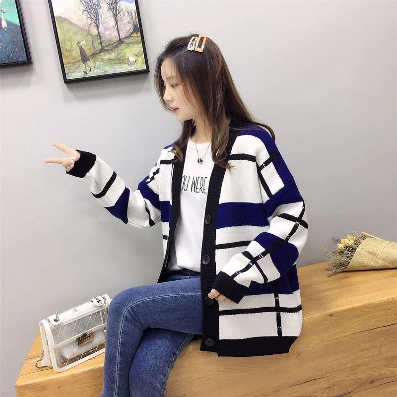 Женский кардиган теплые черно-белые полосатые трикотажные свитера в стиле