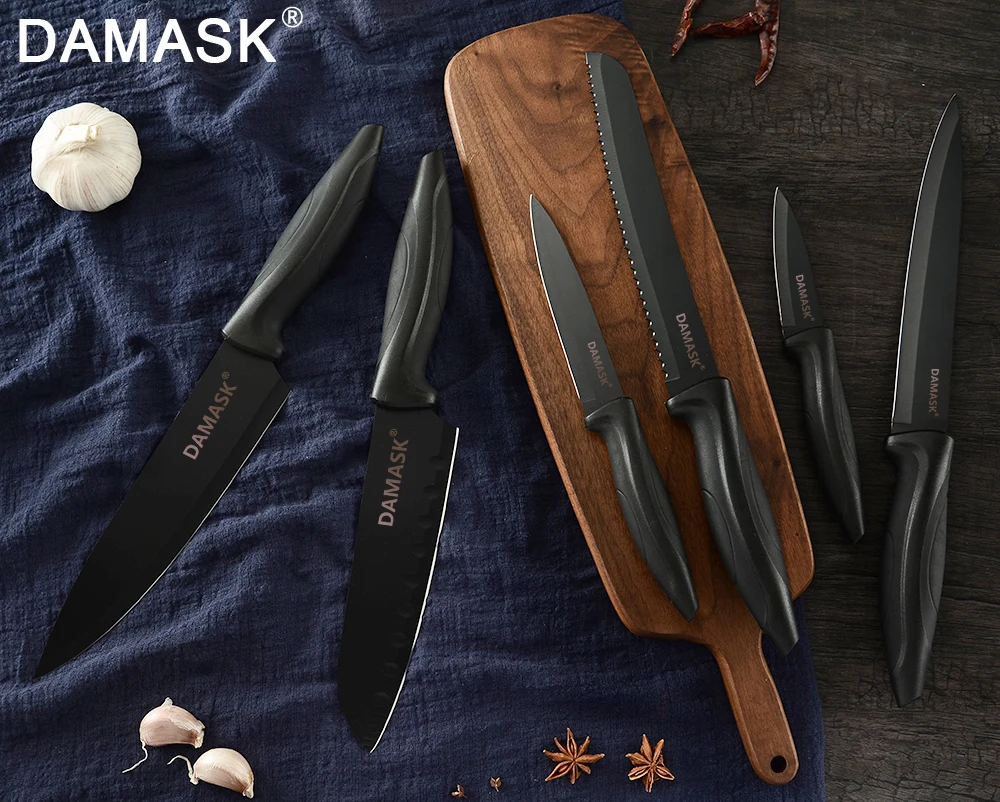 Дамасские кухонные ножи 6 шт. набор черных ножей из нержавеющей стали