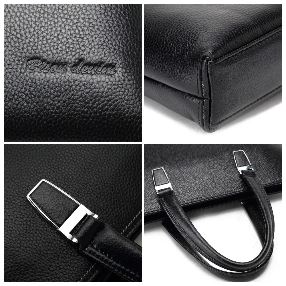 Bison Denim Black Business Casual Men Briefcase Bag Genuine Leather Cowskin Handbag  Large Capacity Laptop Messenger Bags