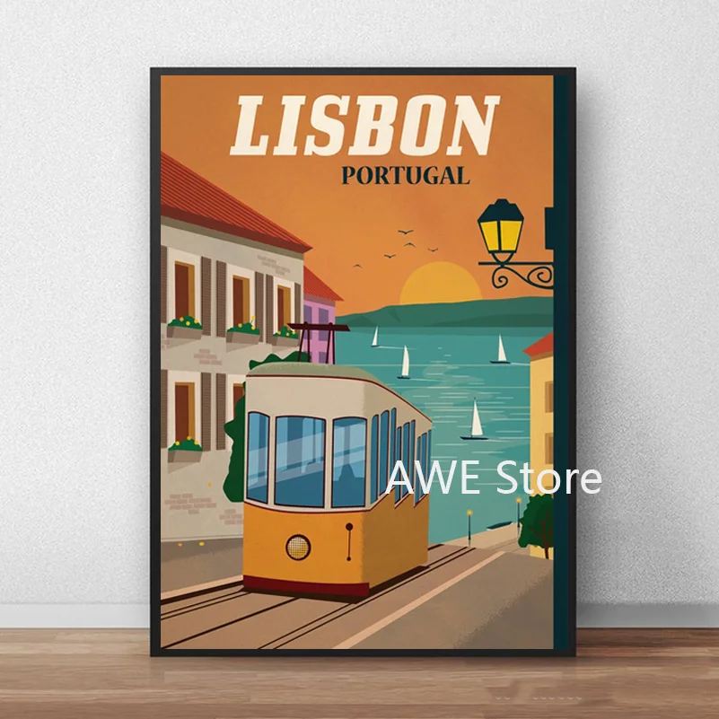 Винтажный постер для путешествий Лиссабон городской автобус уличная живопись
