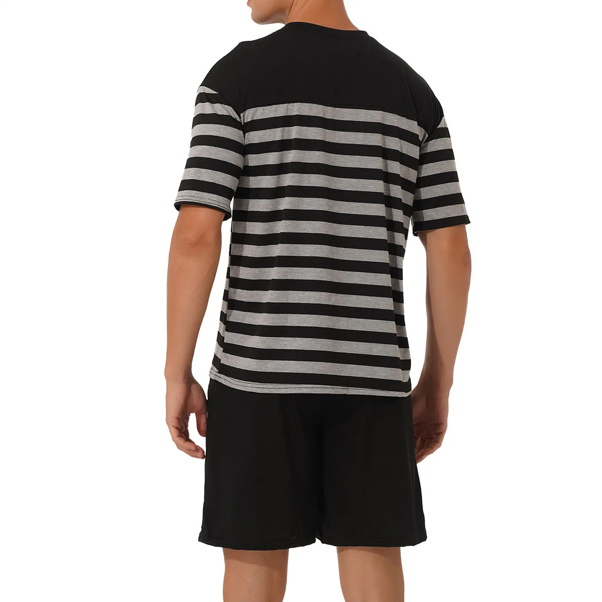 Men Striped Pajama Set Cotton Sleepwear Homewear Nightwear Round Neck Short Sleeve T-shirt with Drawstring Shorts