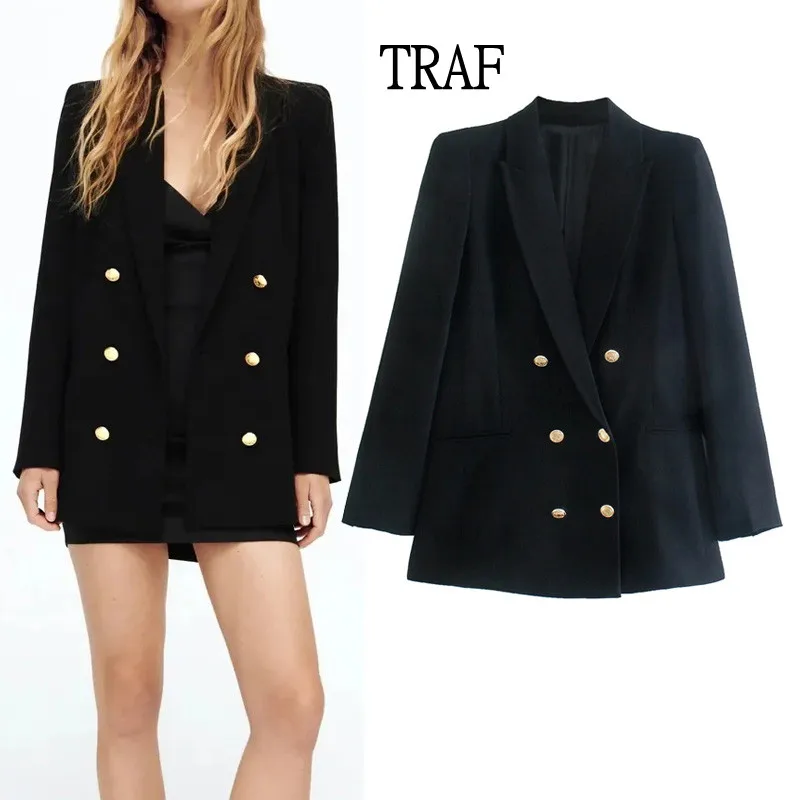 

TRAF Blazer Women 2021 Vintage Double Breasted Women's Jacket Long Sleeve Button Casual Female Blazer Outerwear Chic Tops